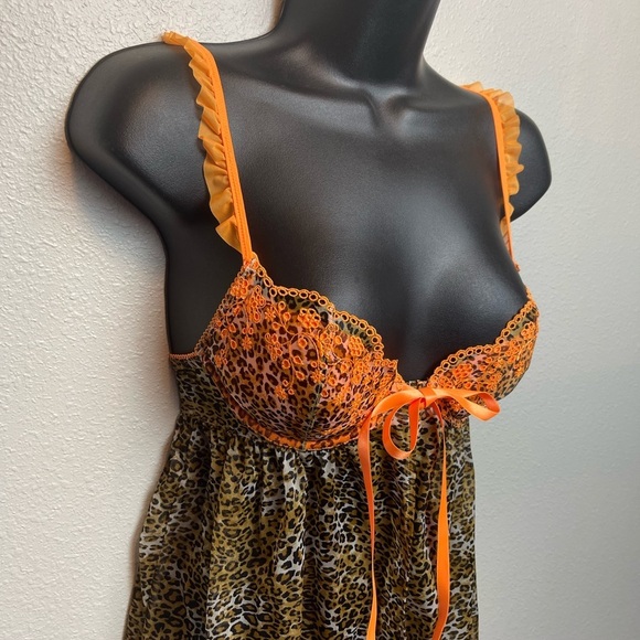 Y2k Vtg Victoria's Secret cheetah/orange ruffle print lace lingerie dress sz 34B - Picture 4 of 12